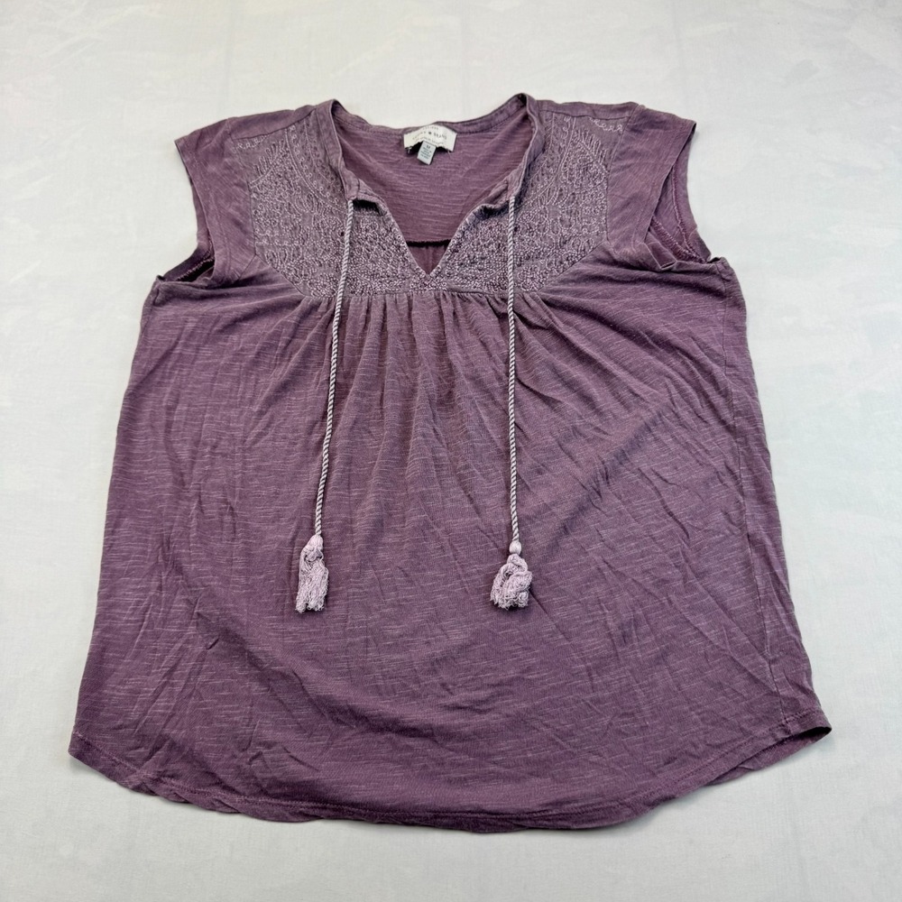 Lucky Brand Blouse Top Womens Medium Purple Sleeveless Embroidered Tassel V-Neck
